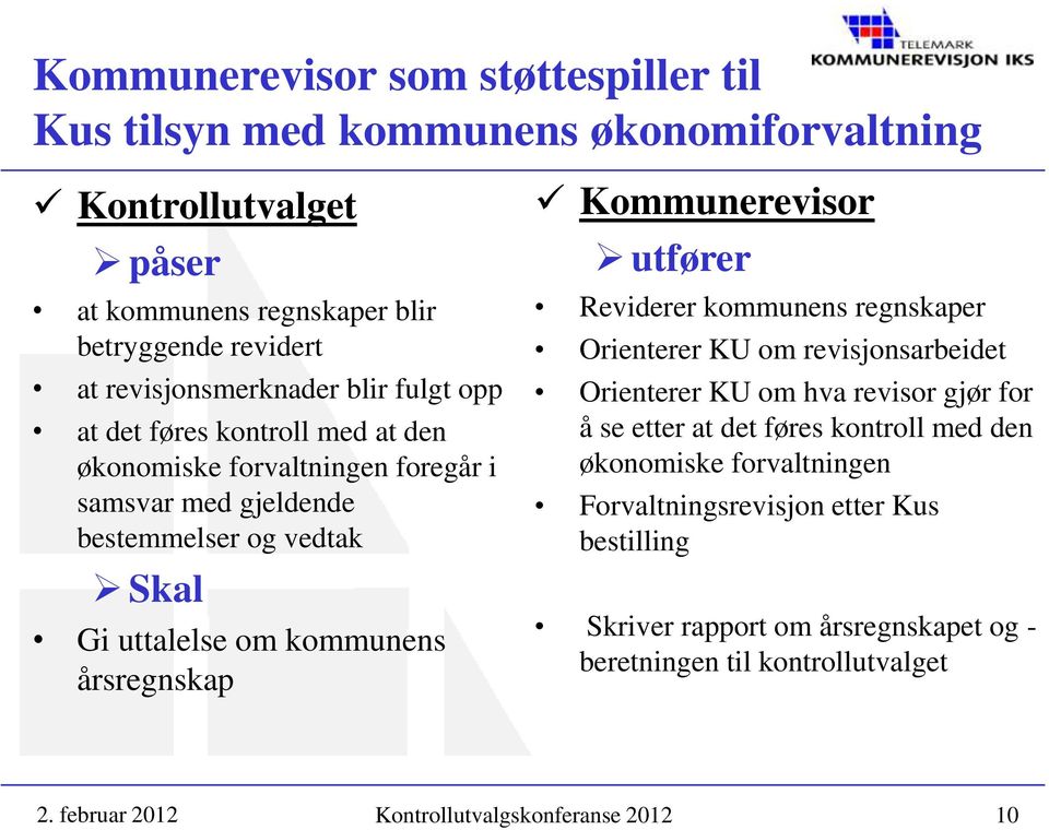 kommunens årsregnskap Kommunerevisor utfører Reviderer kommunens regnskaper Orienterer KU om revisjonsarbeidet Orienterer KU om hva revisor gjør for å se etter at det