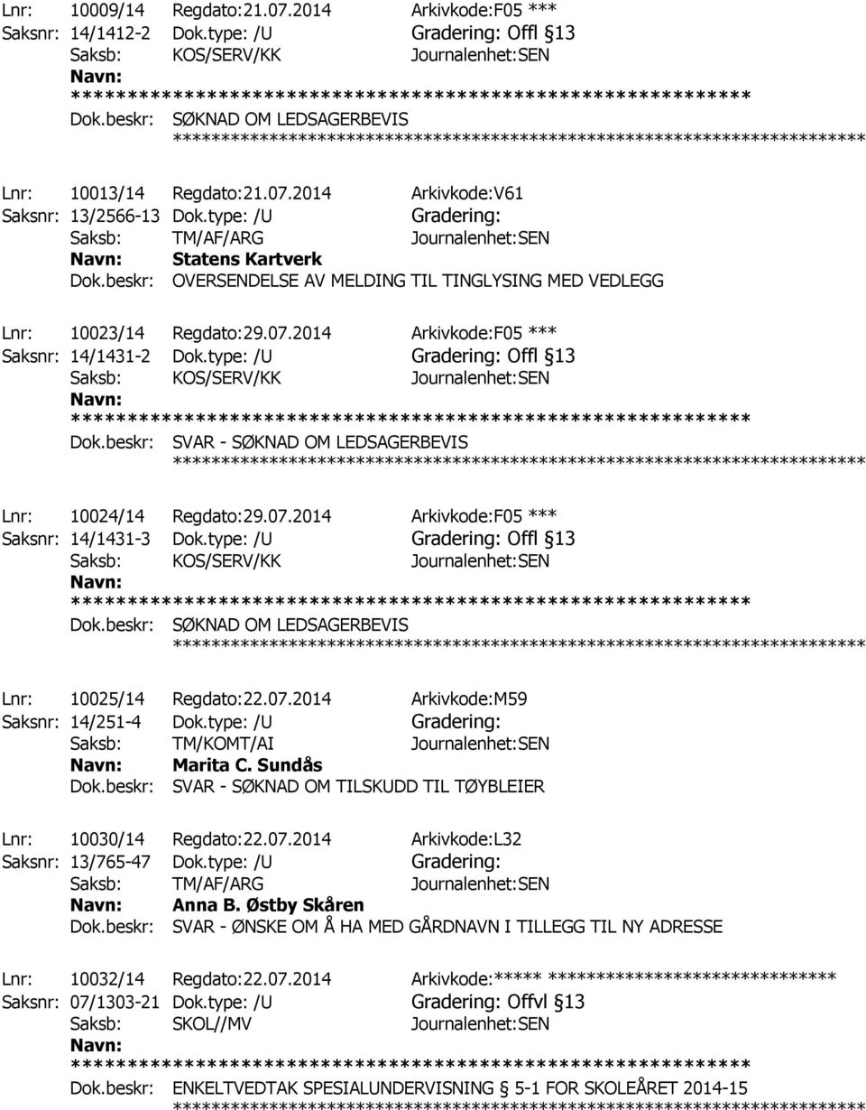 beskr: OVERSENDELSE AV MELDING TIL TINGLYSING MED VEDLEGG ************ Lnr: 10023/14 Regdato:29.07.2014 Arkivkode:F05 *** Saksnr: 14/1431-2 Dok.