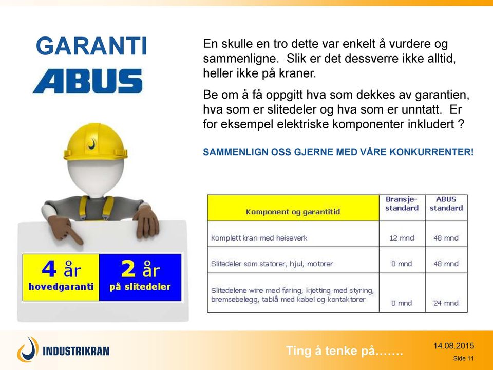 Be om å få oppgitt hva som dekkes av garantien, hva som er slitedeler og hva som