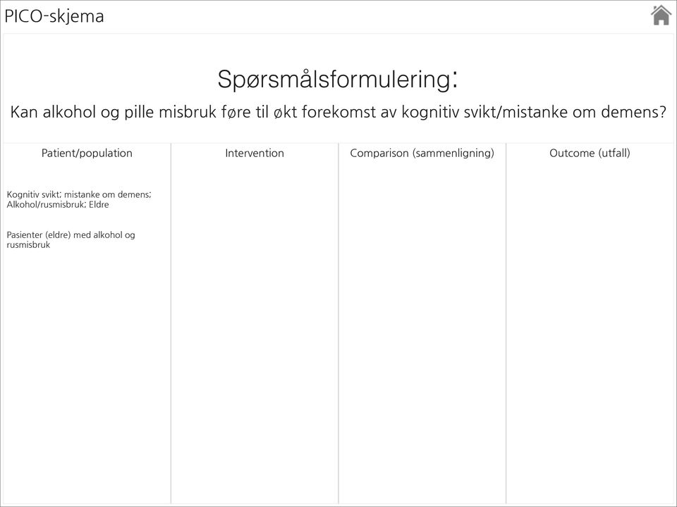 Patient/population Intervention Comparison (sammenligning) Outcome (utfall)