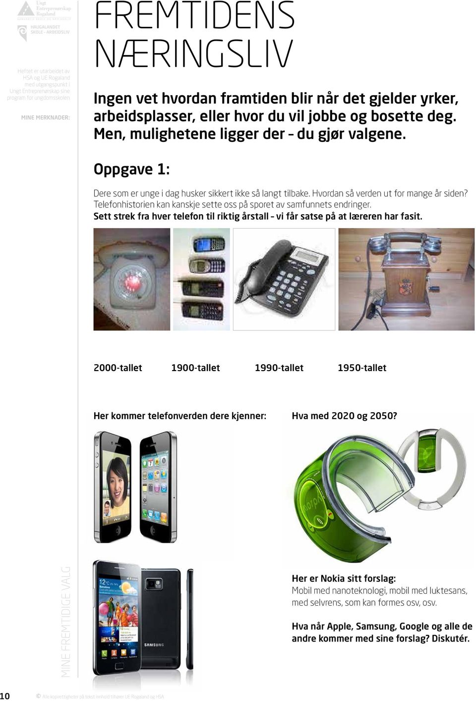 Sett strek fra hver telefon til riktig årstall vi får satse på at læreren har fasit. 2000-tallet 1900-tallet 1990-tallet 1950-tallet Her kommer telefonverden dere kjenner: Hva med 2020 og 2050?