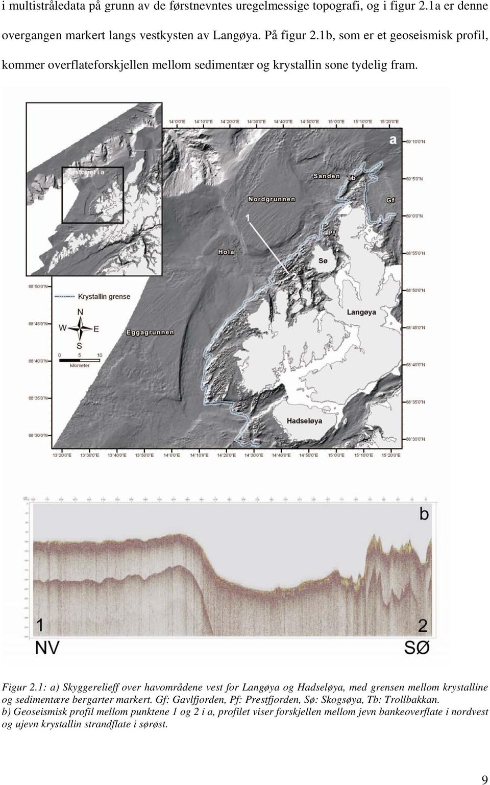 1: a) Skyggerelieff over havområdene vest for Langøya og Hadseløya, med grensen mellom krystalline og sedimentære bergarter markert.