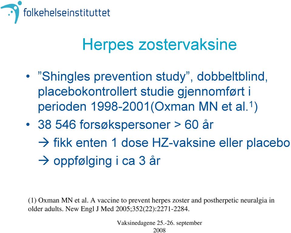 1 ) 38 546 forsøkspersoner > 60 år fikk enten 1 dose HZ-vaksine eller placebo oppfølging i ca