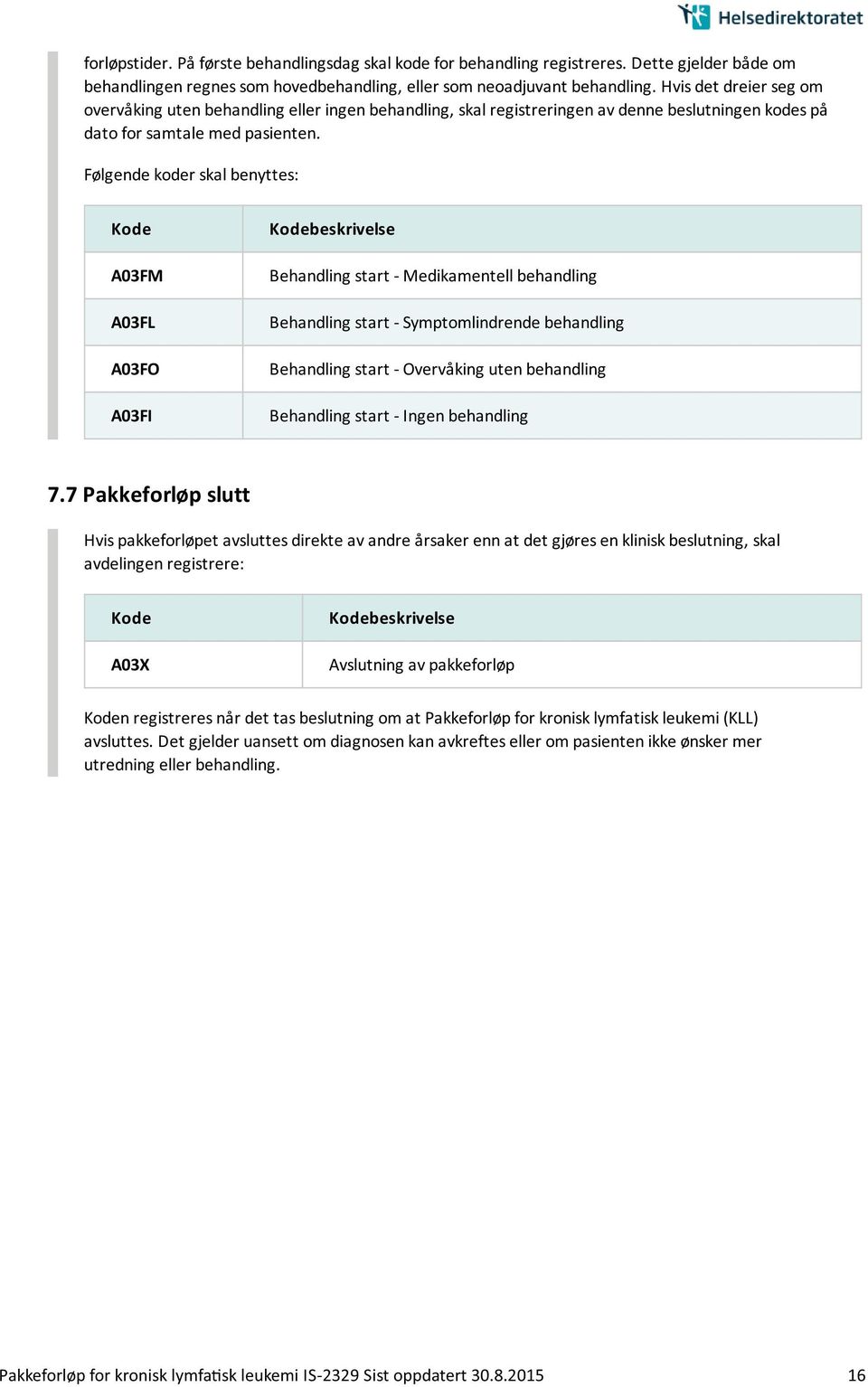 Følgende koder skal benyttes: A03FM A03FL A03FO A03FI Behandling start - Medikamentell behandling Behandling start - Symptomlindrende behandling Behandling start - Overvåking uten behandling