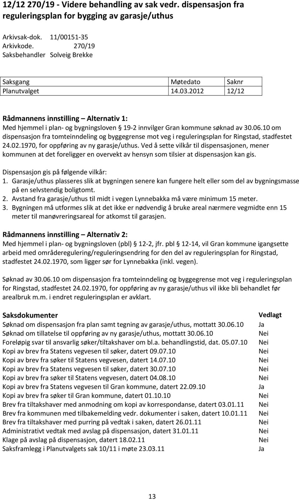 2012 12/12 Rådmannens innstilling Alternativ 1: Med hjemmel i plan og bygningsloven 19 2 innvilger Gran kommune søknad av 30.06.