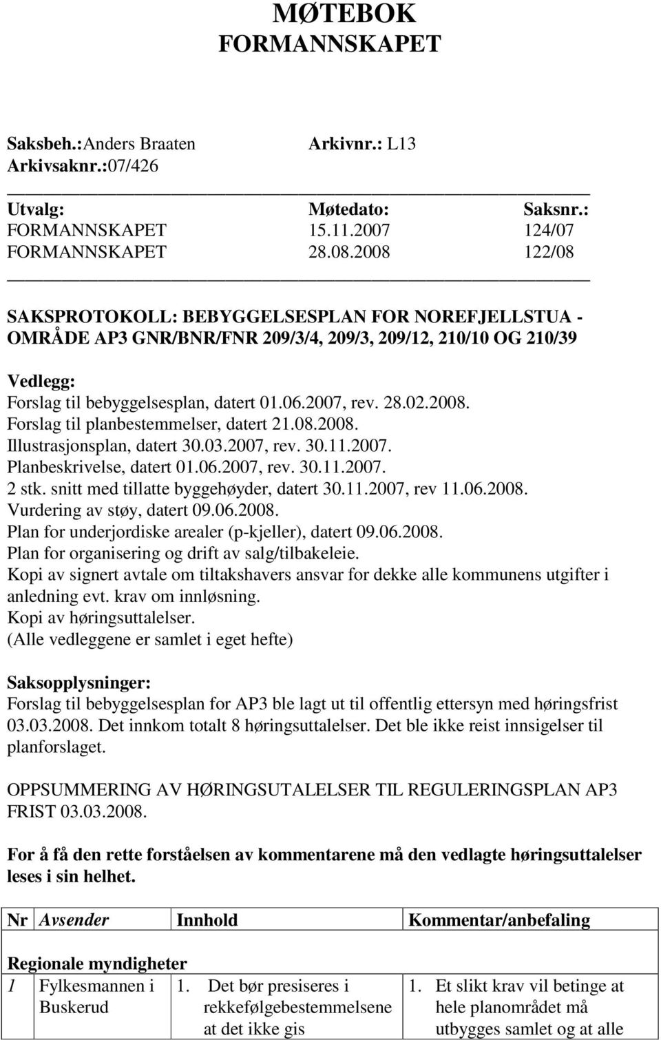 08.2008. Illustrasjonsplan, datert 30.03.2007, rev. 30.11.2007. Planbeskrivelse, datert 01.06.2007, rev. 30.11.2007. 2 stk. snitt med tillatte byggehøyder, datert 30.11.2007, rev 11.06.2008. Vurdering av støy, datert 09.