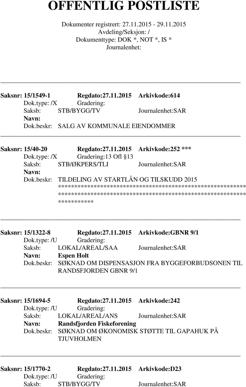 2015 Arkivkode:GBNR 9/1 Saksb: LOKAL/AREAL/SAA SAR Espen Holt Dok.beskr: SØKNAD OM DISPENSASJON FRA BYGGEFORBUDSONEN TIL RANDSFJORDEN GBNR 9/1 Saksnr: 15/1694-5 Regdato:27.11.