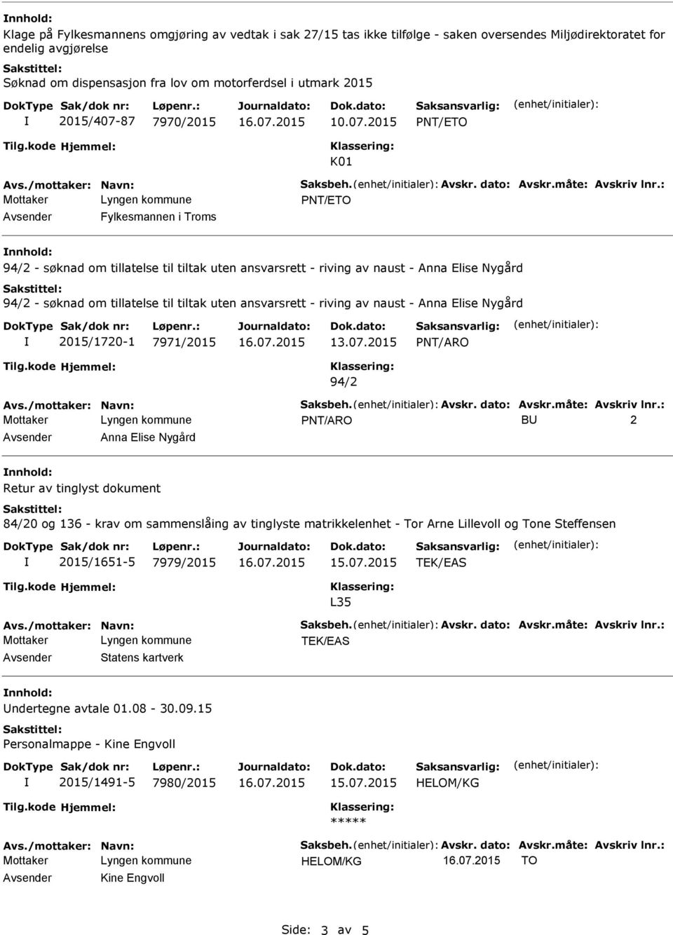 : PNT/ETO Avsender Fylkesmannen i Troms nnhold: 94/2 - søknad om tillatelse til tiltak uten ansvarsrett - riving av naust - Anna Elise Nygård 94/2 - søknad om tillatelse til tiltak uten ansvarsrett -