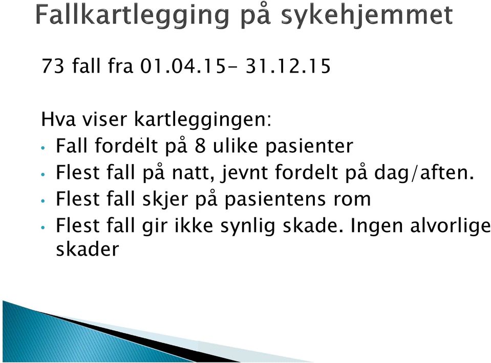 pasienter Flest fall på natt, jevnt fordelt på dag/aften.