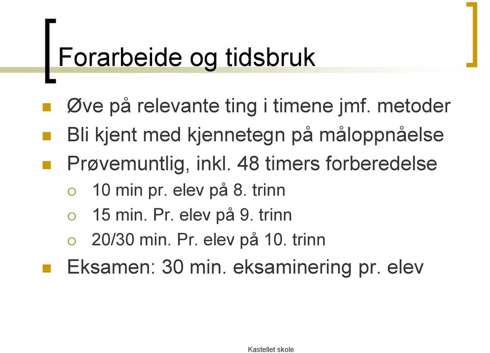 48 timers forberedelse 10 min pr. elev på 8. trinn 15 min. Pr.