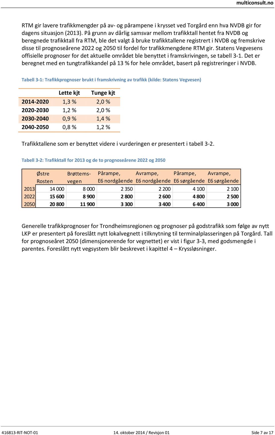 2050 til fordel for trafikkmengdene RTM gir. Statens Vegvesens offisielle prognoser for det aktuelle området ble benyttet i framskrivingen, se tabell 3-1.