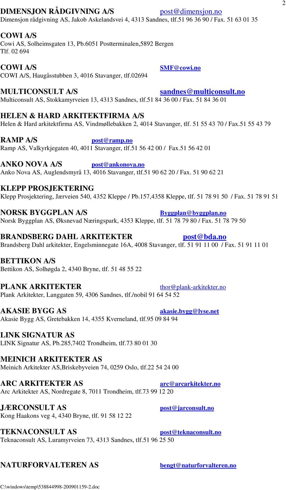 no Multiconsult AS, Stokkamyrveien 13, 4313 Sandnes, tlf.51 84 36 00 / Fax. 51 84 36 01 HELEN & HARD ARKITEKTFIRMA A/S Helen & Hard arkitektfirma AS, Vindmøllebakken 2, 4014 Stavanger, tlf.