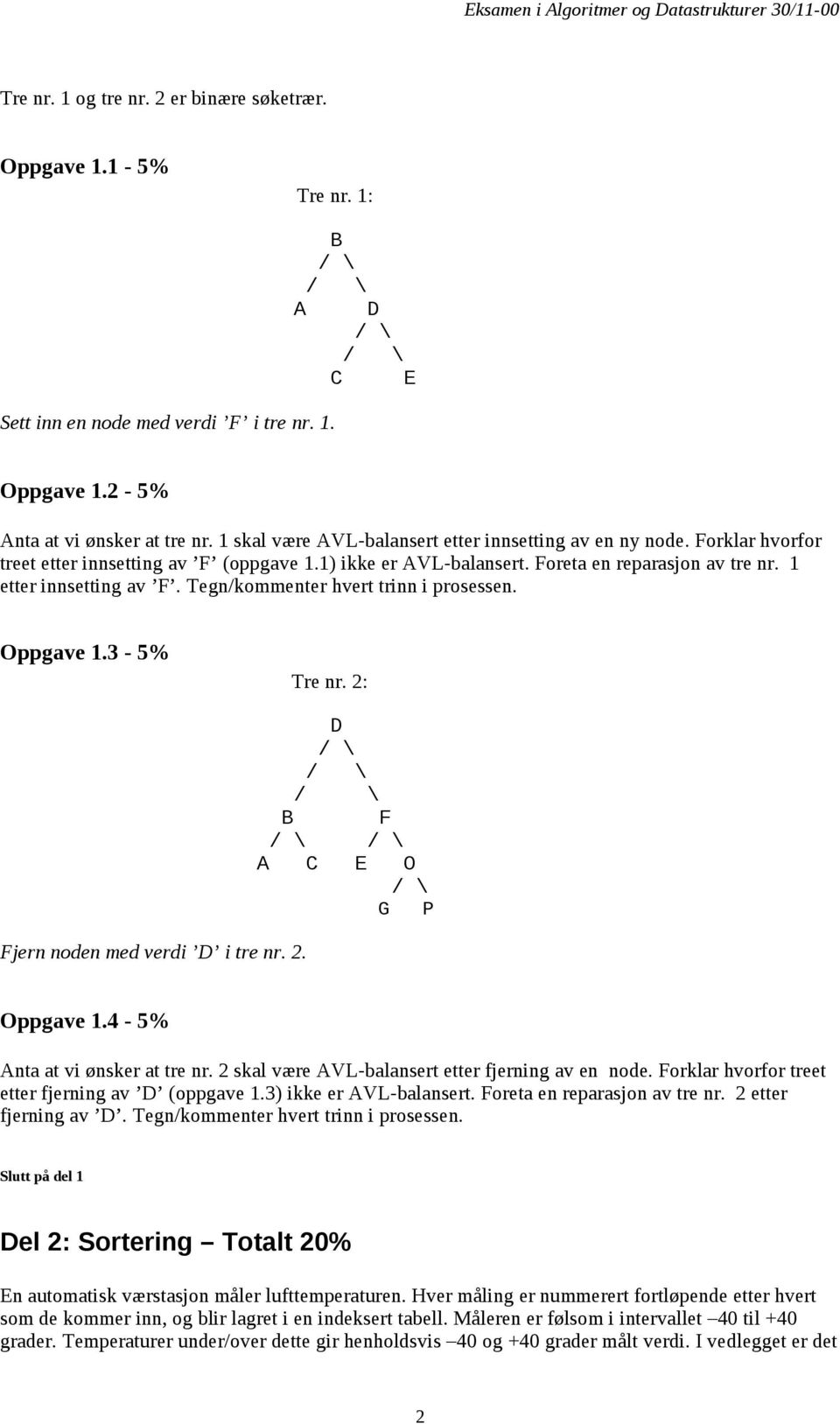 Tegn/kommenter hvert trinn i prosessen. Oppgave 1.3-5% Tre nr. 2: Fjern noden med verdi D i tre nr. 2. D B F A C E O G P Oppgave 1.4-5% Anta at vi ønsker at tre nr.