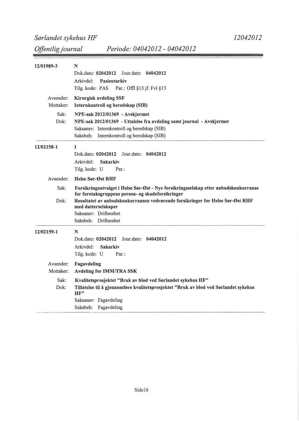 Internkontroll og beredskap (SIB) 12/02158-1 I Tilg. kode: U Par.