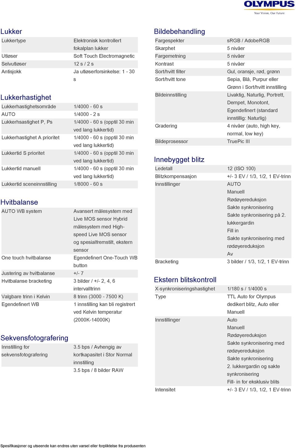 sceneinnstilling 1/8000-60 s Hvitbalanse AUTO WB system Avansert målesystem med Live MOS sensor Hybrid målesystem med Highspeed Live MOS sensor og spesialfremstilt, ekstern sensor One touch