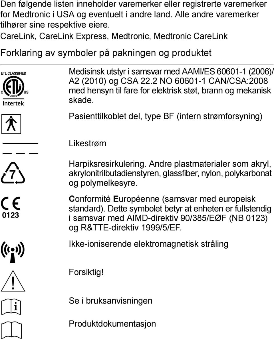 2 NO 60601-1 CAN/CSA:2008 med hensyn til fare for elektrisk støt, brann og mekanisk skade. Pasienttilkoblet del, type BF (intern strømforsyning) Likestrøm Harpiksresirkulering.