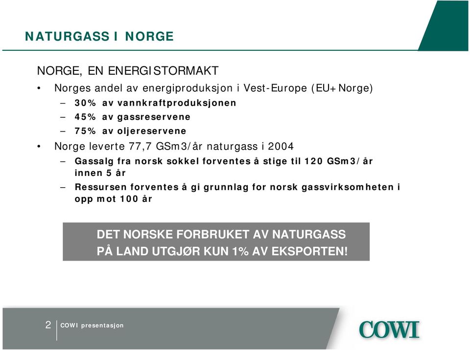 2004 Gassalg fra norsk sokkel forventes å stige til 120 GSm3/år innen 5 år Ressursen forventes å gi