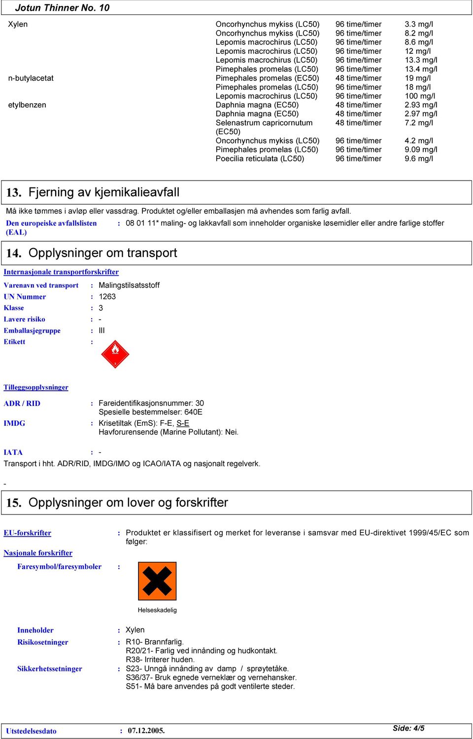 Produktet og/eller emballasjen må avhendes som farlig avfall. Den europeiske avfallslisten (EAL) 08 01 11* maling- og lakkavfall som inneholder organiske løsemidler eller andre farlige stoffer 14.