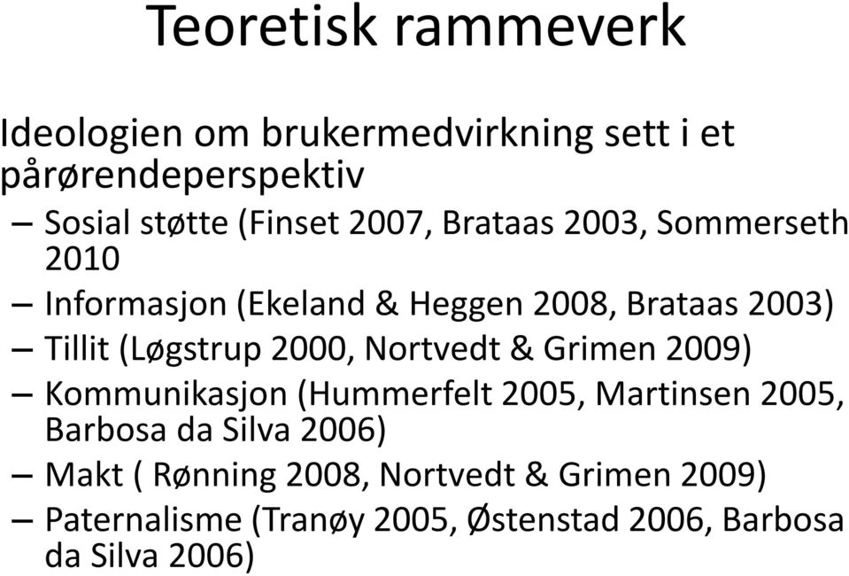 2000, Nortvedt & Grimen 2009) Kommunikasjon (Hummerfelt 2005, Martinsen 2005, Barbosa da Silva 2006)