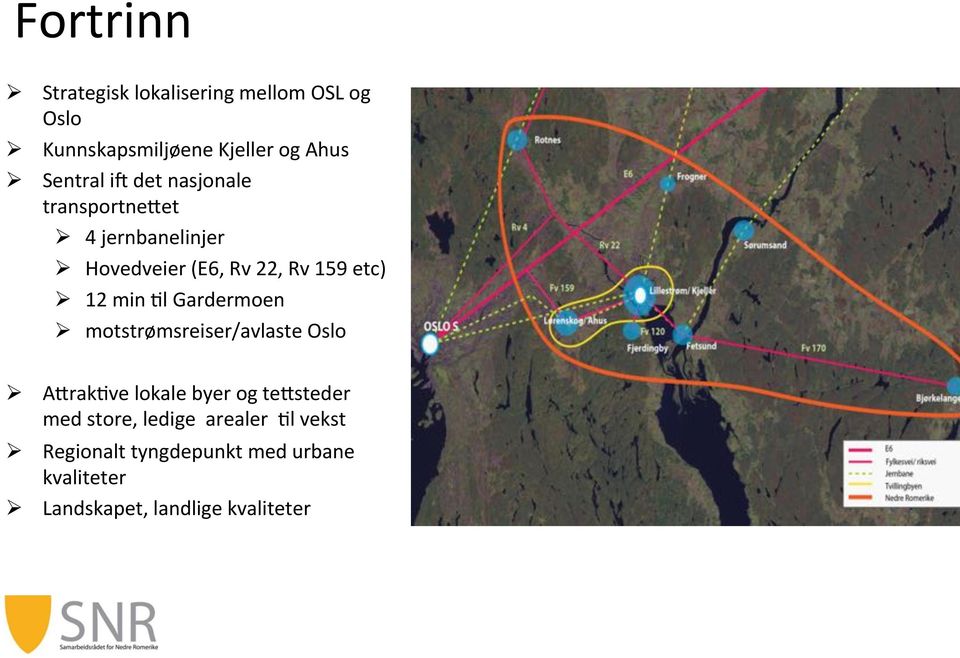 et Ø 4 jernbanelinjer Ø Hovedveier (E6, Rv 22, Rv 159 etc) Ø 12 min Ml Gardermoen Ø