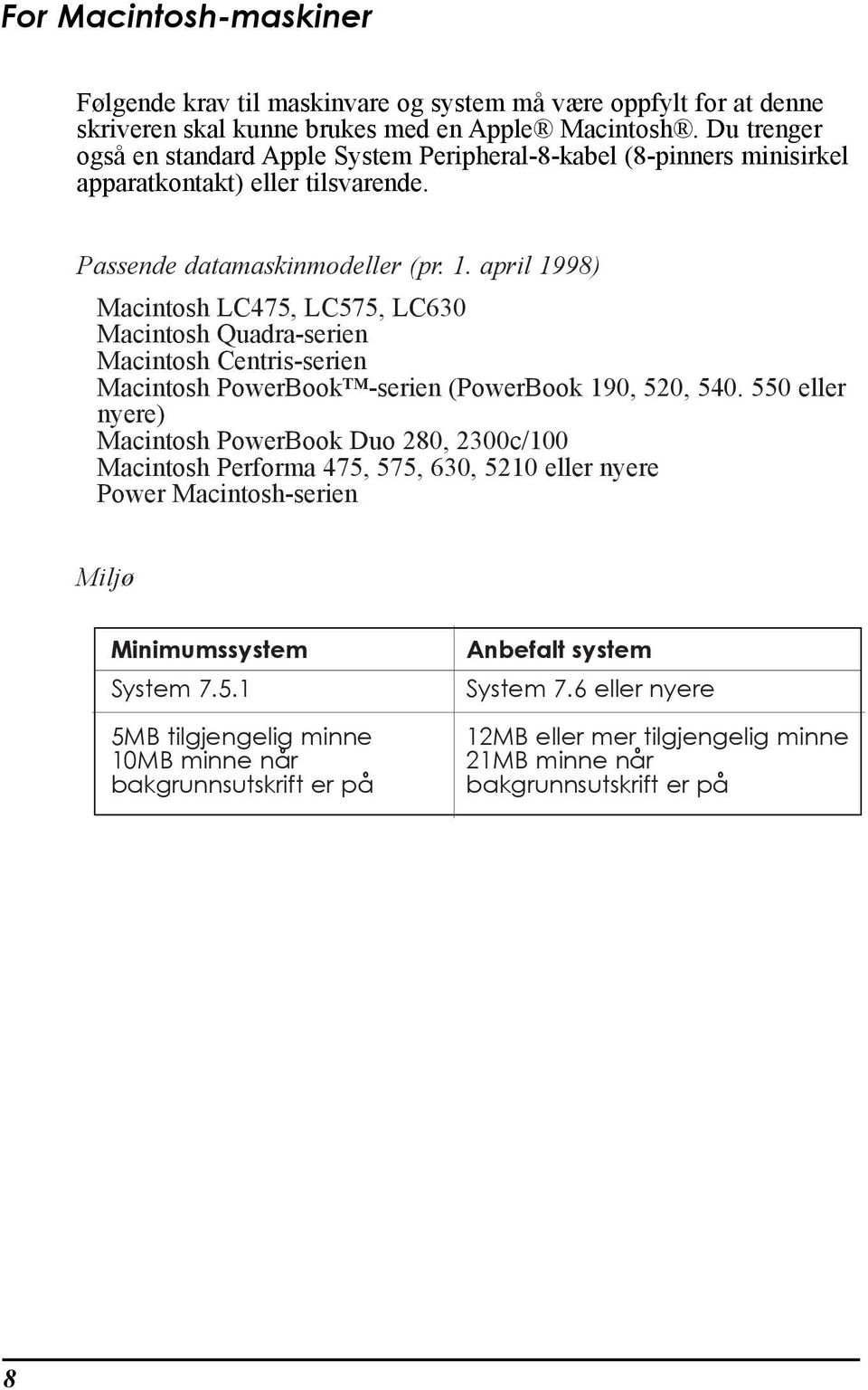 april 1998) Macintosh LC475, LC575, LC630 Macintosh Quadra-serien Macintosh Centris-serien Macintosh PowerBookª-serien (PowerBook 190, 520, 540.