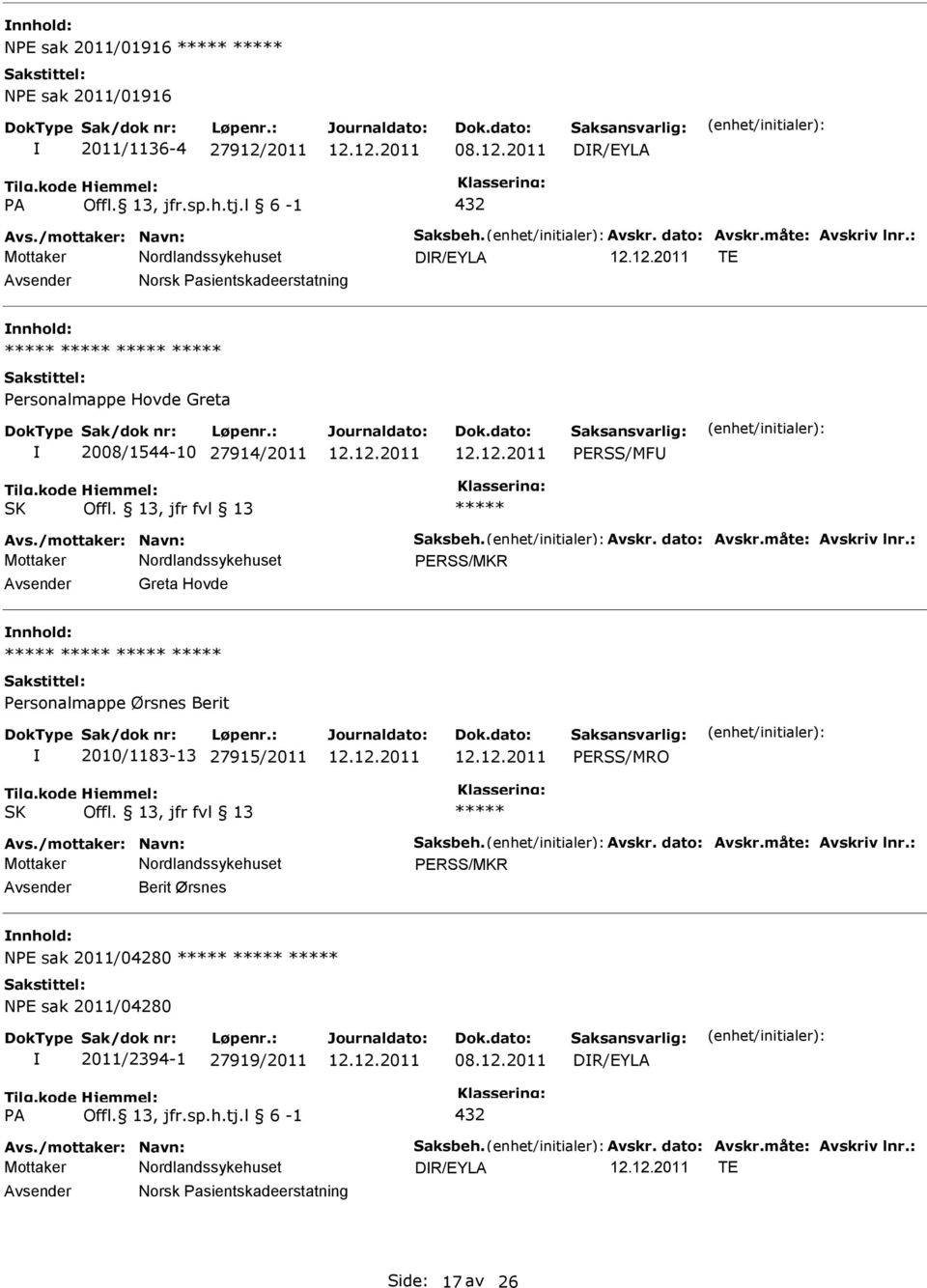 : ERSS/MKR Greta Hovde ersonalmappe Ørsnes Berit 2010/1183-13 27915/2011 ERSS/MRO SK Offl. 13, jfr fvl 13 Avs./mottaker: Navn: Saksbeh. Avskr. dato: Avskr.måte: Avskriv lnr.