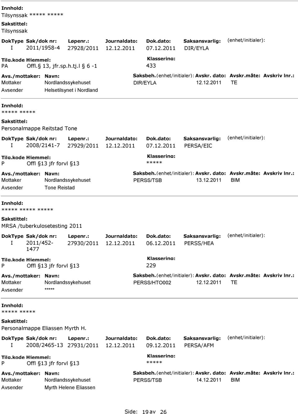 2011 BM Tone Reistad MRSA /tuberkulosetesting 2011 Sak/dok nr: 2011/452-1477 Løpenr.: 27930/2011 06.12.2011 ERSS/HEA 229 Avs./mottaker: Navn: Saksbeh. Avskr. dato: Avskr.