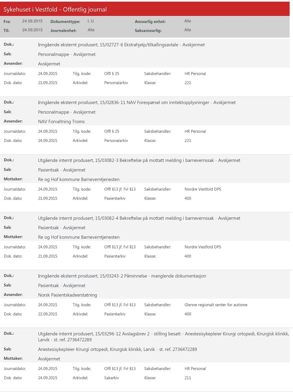 dato: Arkivdel: Personalarkiv Utgående internt produsert, 15/03082-3 Bekreftelse på mottatt melding i barnevernssak - Pasientsak - Re og Hof kommune Barneverntjenesten Nordre Vestfold DPS Dok.