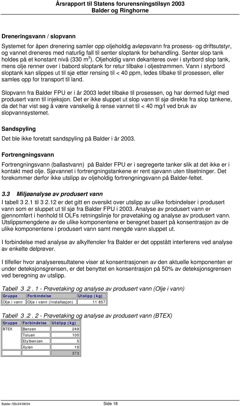 Vann i styrbord sloptank kan slippes ut til sjø etter rensing til < 40 ppm, ledes tilbake til prosessen, eller samles opp for transport til land.