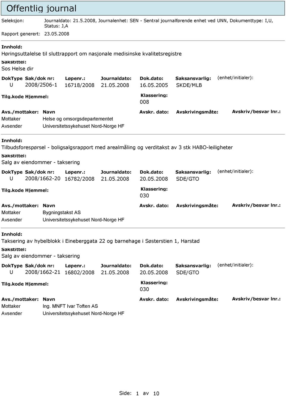 2005 DE/MLB 008 Mottaker Helse og omsorgsdepartementet niversitetssykehuset Nord-Norge HF Tilbudsforespørsel - boligsalgsrapport med arealmåling og verditakst av 3 stk HABO-leiligheter Salg av