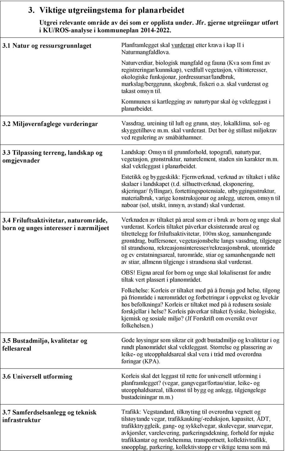 Naturverdiar, biologisk mangfald og fauna (Kva som finst av registreringar/kunnskap), verdfull vegetasjon, viltinteresser, økologiske funksjonar, jordressursar/landbruk, markslag/berggrunn, skogbruk,