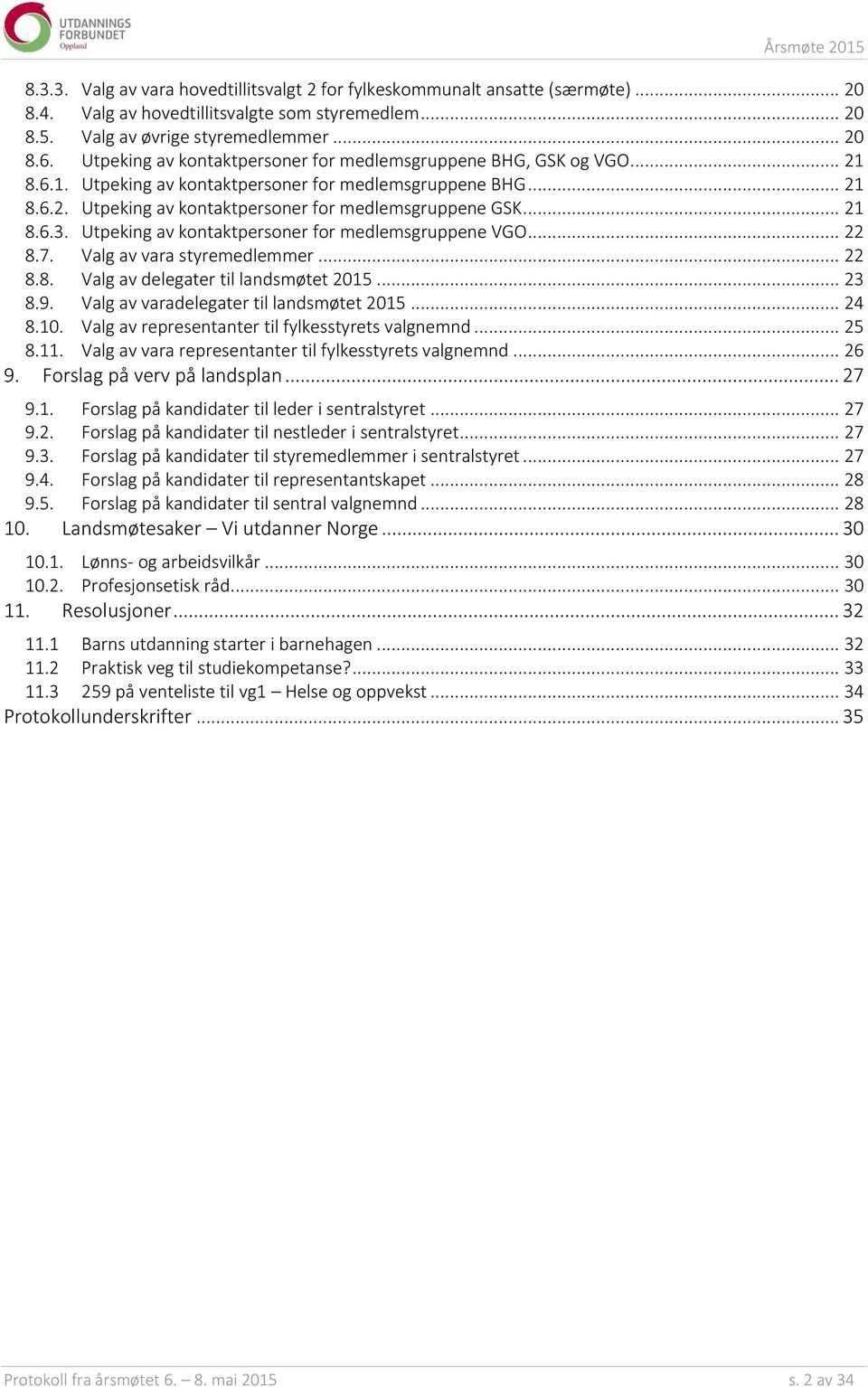 Utpeking av kontaktpersoner for medlemsgruppene VGO... 22 8.7. Valg av vara styremedlemmer... 22 8.8. Valg av delegater til landsmøtet 2015... 23 8.9. Valg av varadelegater til landsmøtet 2015... 24 8.