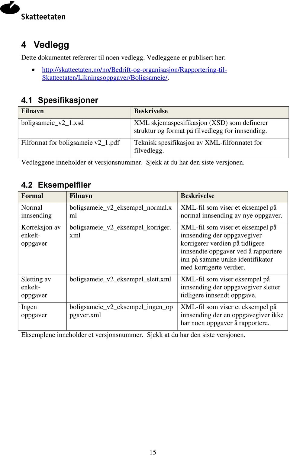 Teknisk spesifikasjon av XML-filformatet for filvedlegg. Vedleggene inneholder et versjonsnummer. Sjekk at du har den siste versjonen. 4.