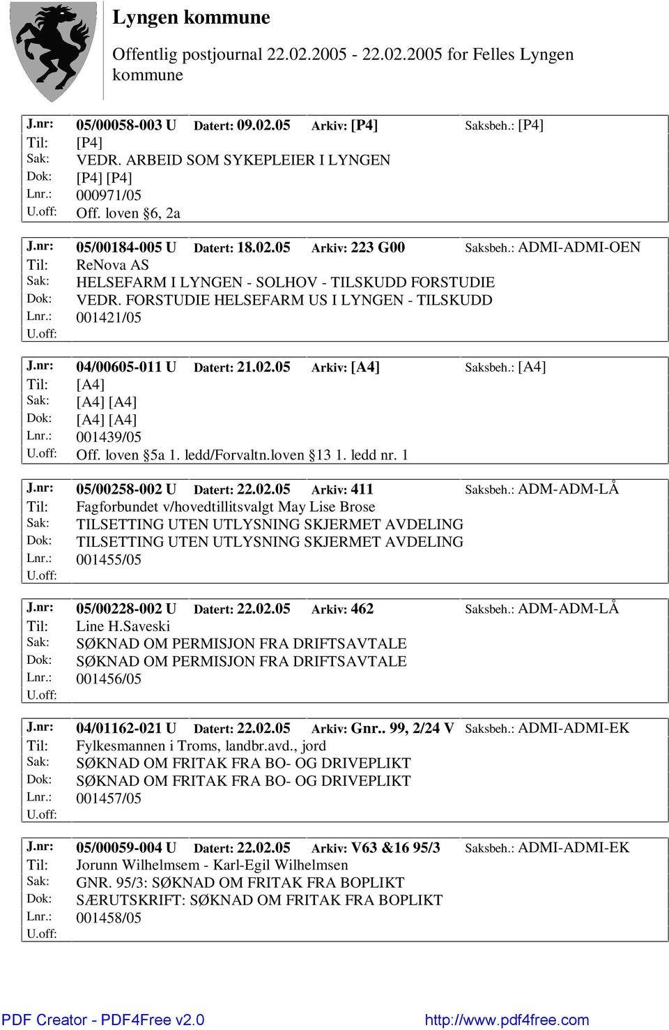 05 Arkiv: [A4] Saksbeh.: [A4] Til: [A4] Sak: [A4] [A4] Dok: [A4] [A4] Lnr.: 001439/05 Off. loven 5a 1. ledd/forvaltn.loven 13 1. ledd nr. 1 J.nr: 05/00258-002 U Datert: 22.02.05 Arkiv: 411 Saksbeh.