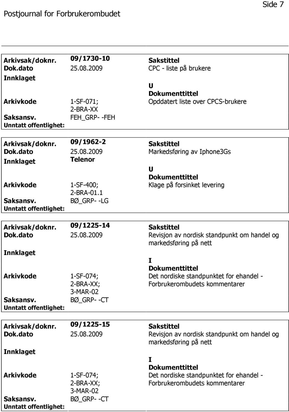 2009 Markedsføring av phone3gs nnklaget Telenor 1-SF-400; Klage på forsinket levering BØ_GRP- -LG Arkivsak/doknr. 09/1225-14 Sakstittel Dok.dato 25.08.