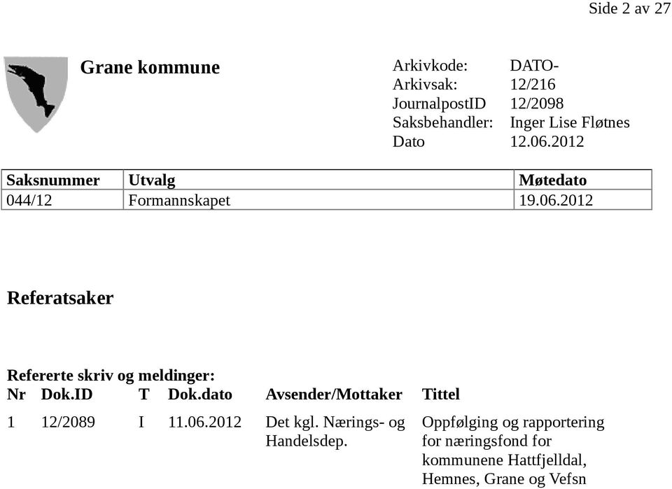 ID T Dok.dato Avsender/Mottaker Tittel 1 12/2089 I 11.06.2012 Det kgl. Nærings- og Handelsdep.