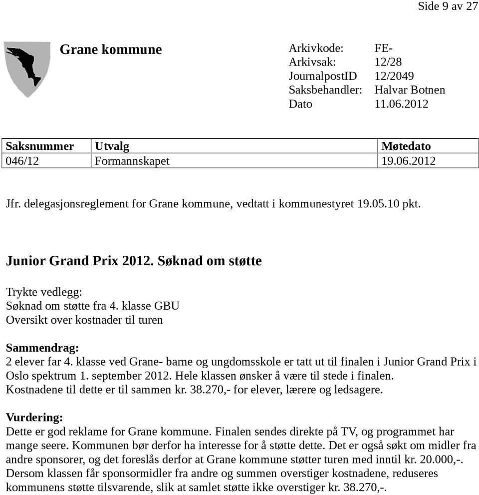 klasse GBU Oversikt over kostnader til turen Sammendrag: 2 elever far 4. klasse ved Grane- barne og ungdomsskole er tatt ut til finalen i Junior Grand Prix i Oslo spektrum 1. september 2012.