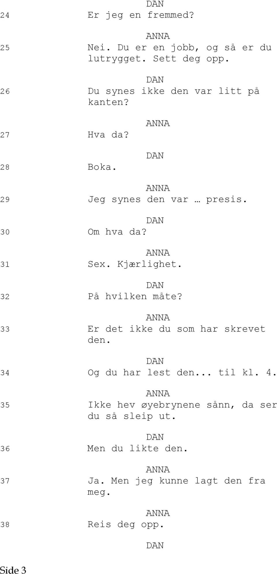 31 Sex. Kjærlighet. 32 På hvilken måte? 33 Er det ikke du som har skrevet den. 34 Og du har lest den... til kl.