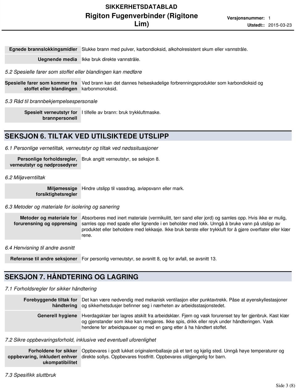 karbonmonoksid. 5.3 Råd til brannbekjempelsespersonale Spesielt verneutstyr for brannpersonell I tilfelle av brann: bruk trykkluftmaske. SEKSJON 6. TILTAK VED UTILSIKTEDE UTSLIPP 6.