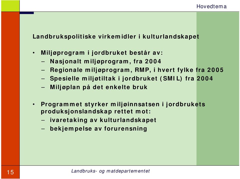 jordbruket (SMIL) fra 2004 Miljøplan på det enkelte bruk Programmet styrker miljøinnsatsen i