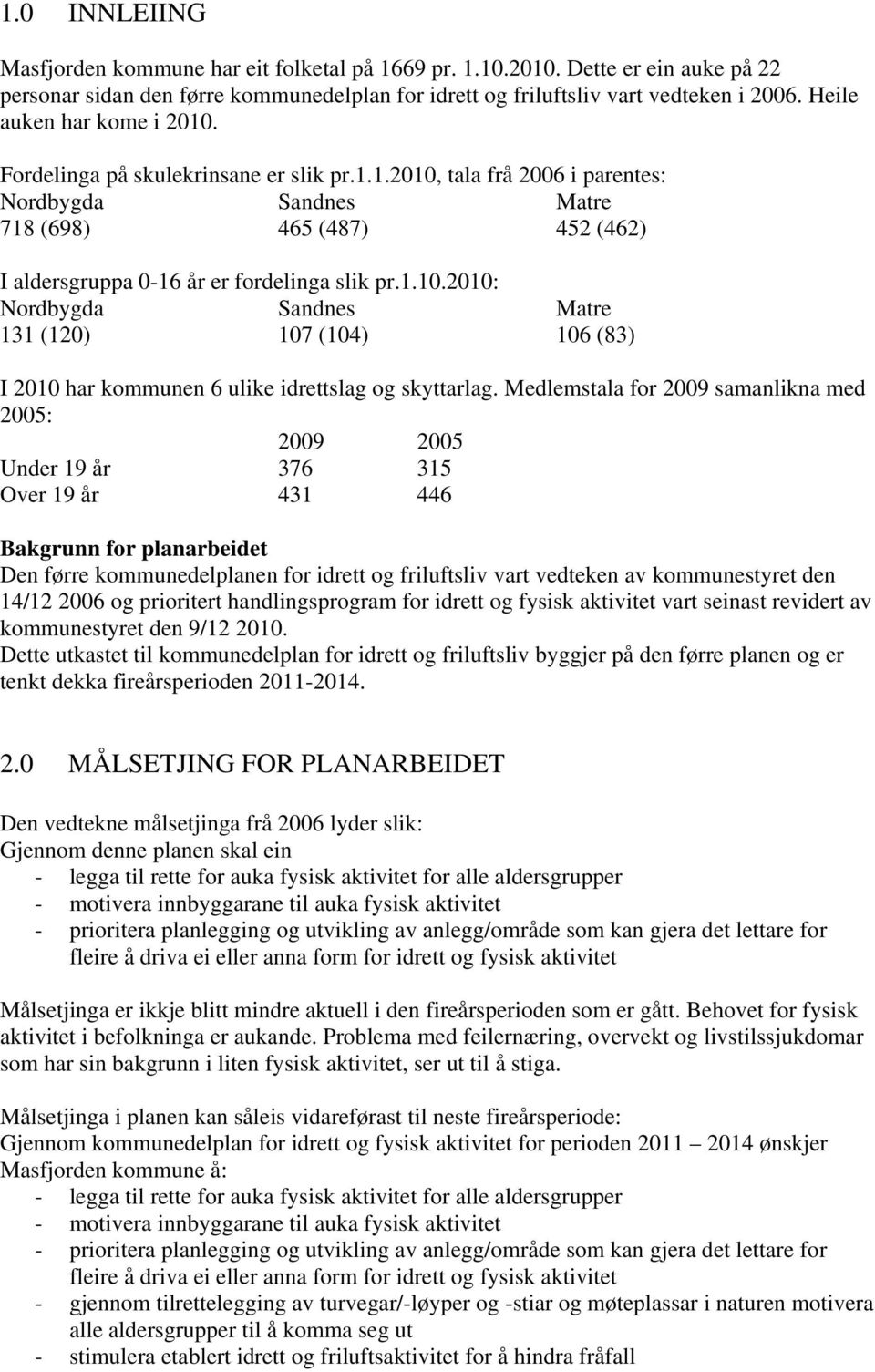 1.10.2010: Nordbygda Sandnes Matre 131 (120) 107 (104) 106 (83) I 2010 har kommunen 6 ulike idrettslag og skyttarlag.