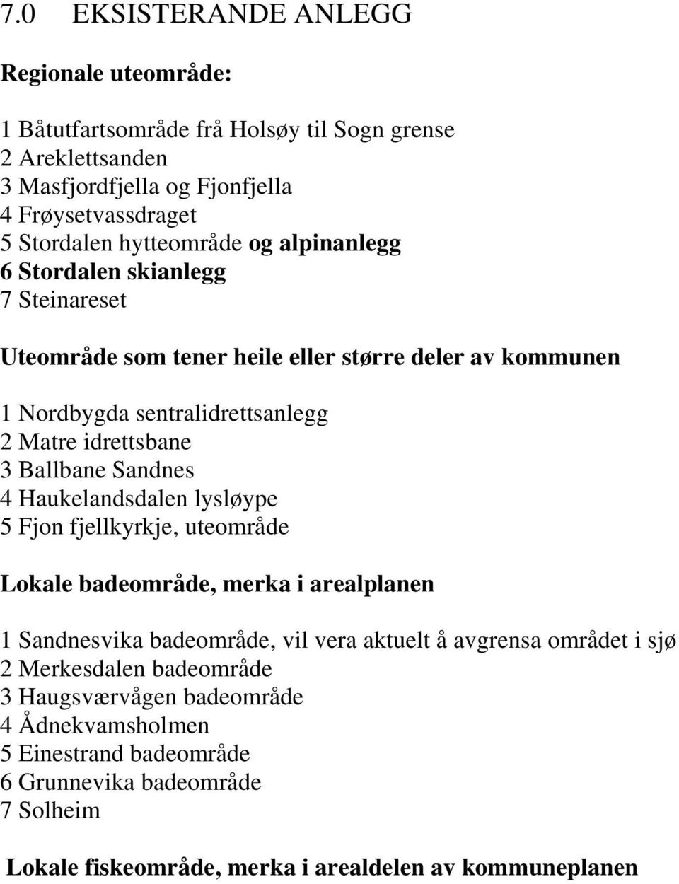 Ballbane Sandnes 4 Haukelandsdalen lysløype 5 Fjon fjellkyrkje, uteområde Lokale badeområde, merka i arealplanen 1 Sandnesvika badeområde, vil vera aktuelt å avgrensa området i