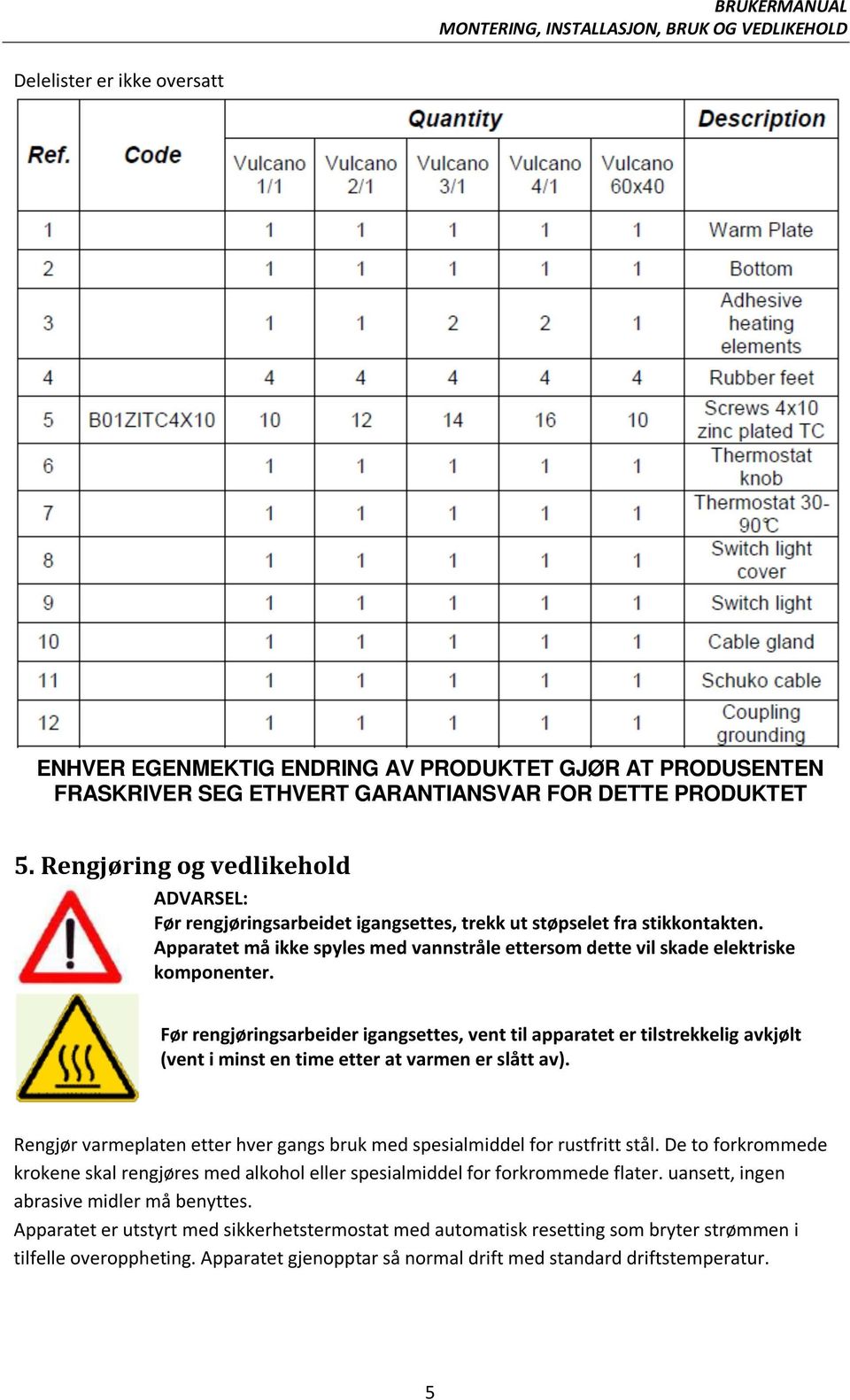 Før rengjøringsarbeider igangsettes, vent til apparatet er tilstrekkelig avkjølt (vent i minst en time etter at varmen er slått av).