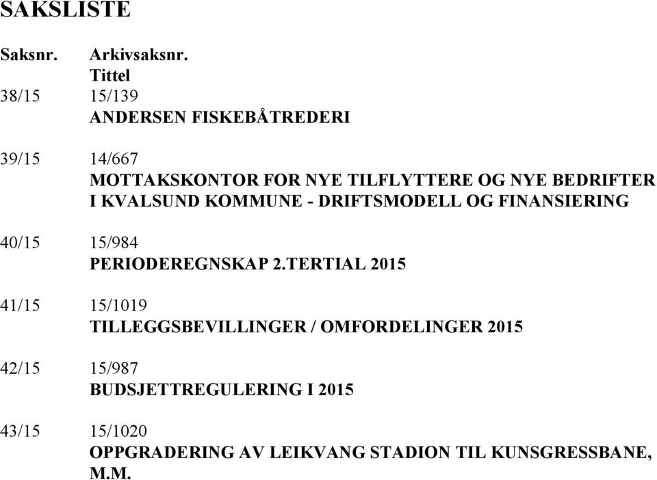 BEDRIFTER I KVALSUND KOMMUNE - DRIFTSMODELL OG FINANSIERING 40/15 15/984 PERIODEREGNSKAP 2.