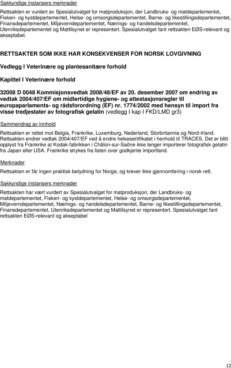 RETTSAKTER SOM IKKE HAR KONSEKVENSER FOR NORSK LOVGIVNING Vedlegg I Veterinære og plantesanitære forhold Kapittel I Veterinære forhold 32008 D 0048 Kommisjonsvedtak 2008/48/EF av 20.