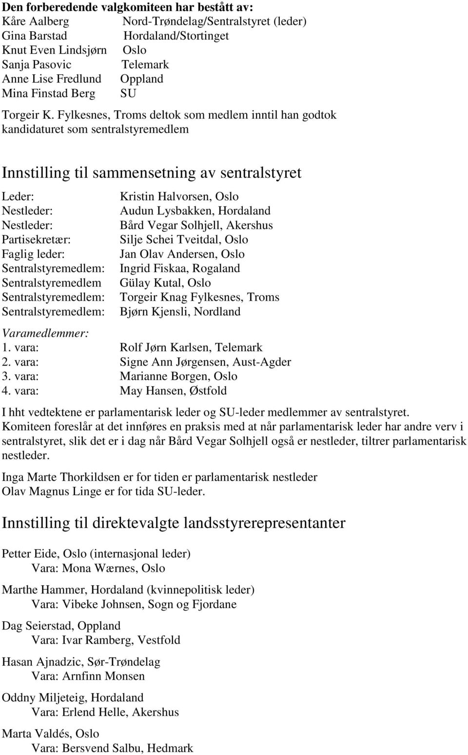 Fylkesnes, Troms deltok som medlem inntil han godtok kandidaturet som sentralstyremedlem Innstilling til sammensetning av sentralstyret Leder: Nestleder: Nestleder: Partisekretær: Faglig leder: