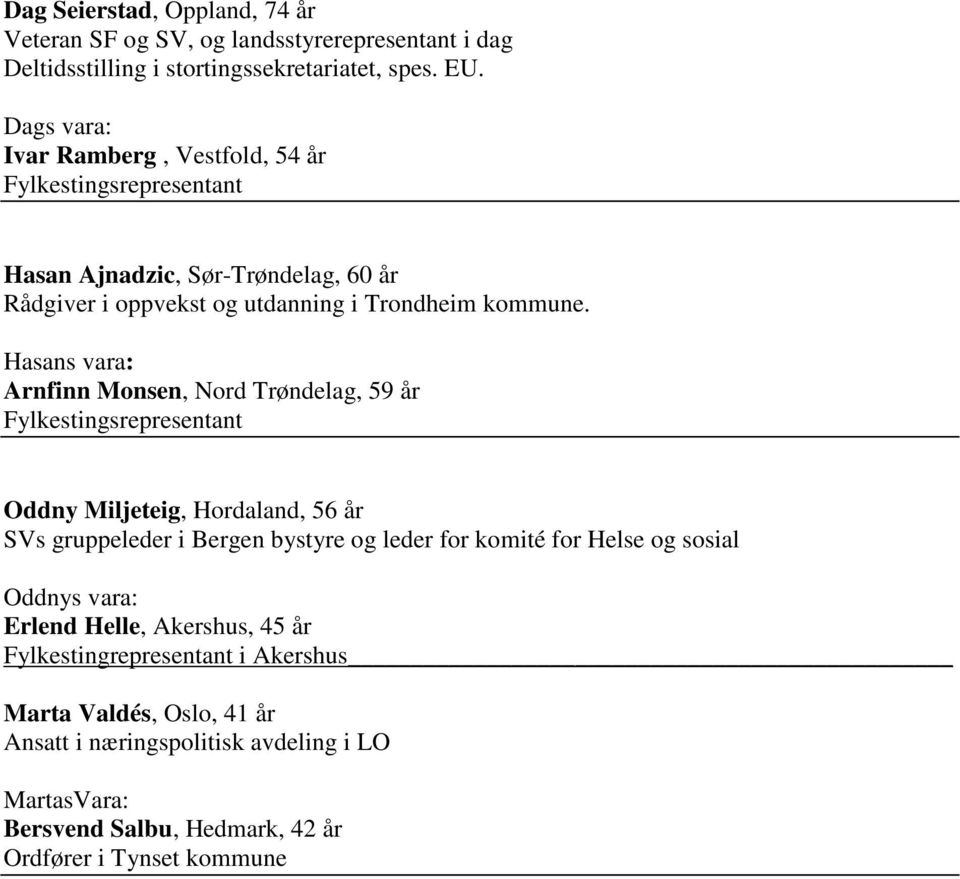 Hasans vara: Arnfinn Monsen, Nord Trøndelag, 59 år Fylkestingsrepresentant Oddny Miljeteig, Hordaland, 56 år SVs gruppeleder i Bergen bystyre og leder for komité for