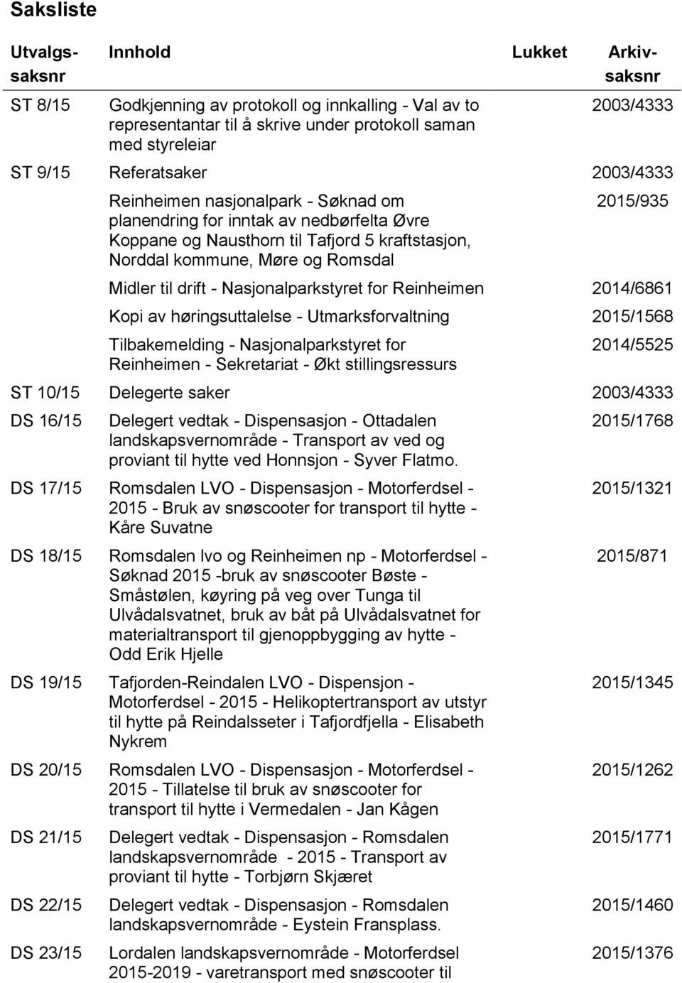 til drift - Nasjonalparkstyret for Reinheimen 2014/6861 Kopi av høringsuttalelse - Utmarksforvaltning 2015/1568 Tilbakemelding - Nasjonalparkstyret for Reinheimen - Sekretariat - Økt stillingsressurs