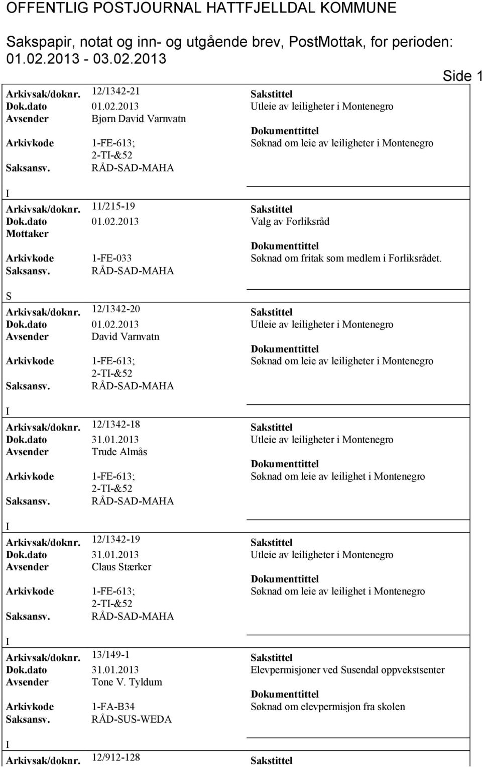 2013 Valg av Forliksråd Mottaker Arkivkode 1-FE-033 Søknad om fritak som medlem i Forliksrådet. S Arkivsak/doknr. 12/1342-20 Sakstittel Dok.dato 01.02.