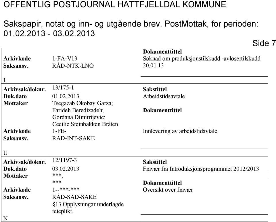 Arkivkode 1-FE- nnlevering av arbeidstidavtale Saksansv. RÅD-NT-SAKE Arkivsak/doknr. 12/1197-3 Sakstittel Dok.dato 03.02.